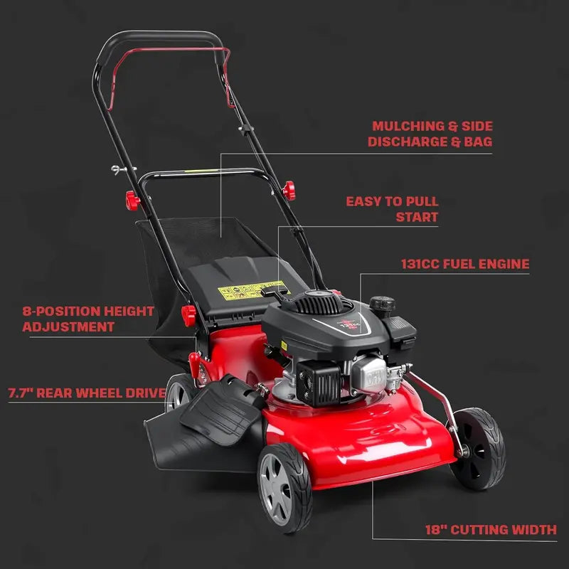 18-Inch 3-in-1 Self-Propelled Gas Lawn Mower – 131cc Engine, 50L Grass Catcher, Heavy-Duty Yard Maintenance