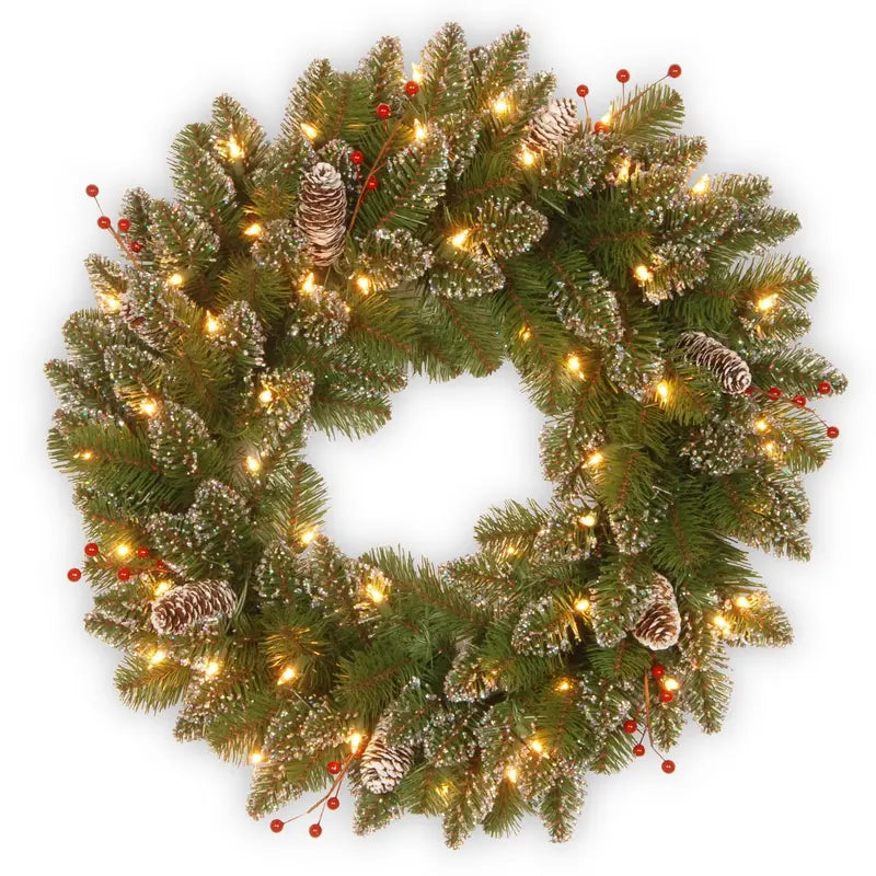 24-Inch Glittery Mountain Spruce Wreath with LED Lights & Timer – Indoor/Outdoor Decor