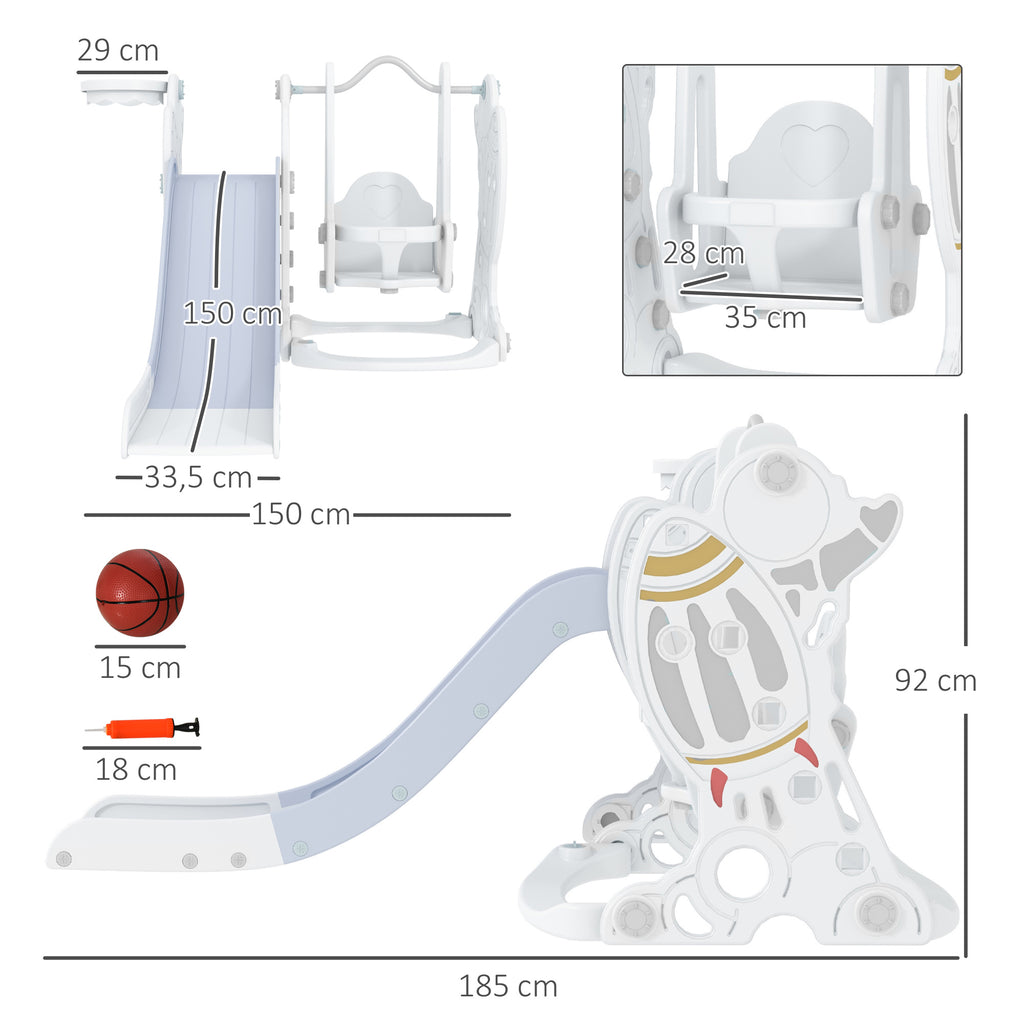 AIYAPLAY 3-in-1-Set Kinderrutsche mit Schaukel, Basketballkorb, Raketen-Design, weiß+grau, 150L x 185B x 92H cm