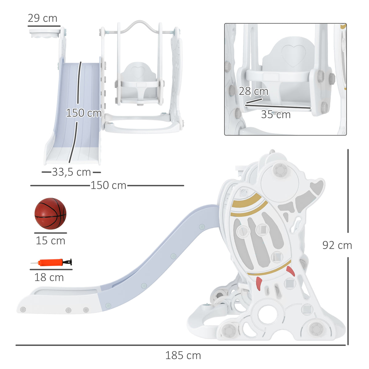 AIYAPLAY 3-in-1-Set Kinderrutsche mit Schaukel, Basketballkorb, Raketen-Design, weiß+grau, 150L x 185B x 92H cm