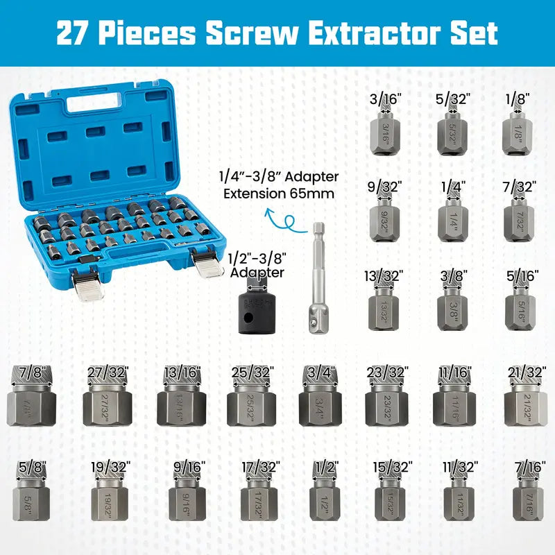 27-Piece Broken Screw Extractor Kit – High-Carbon Steel Removal Tools
