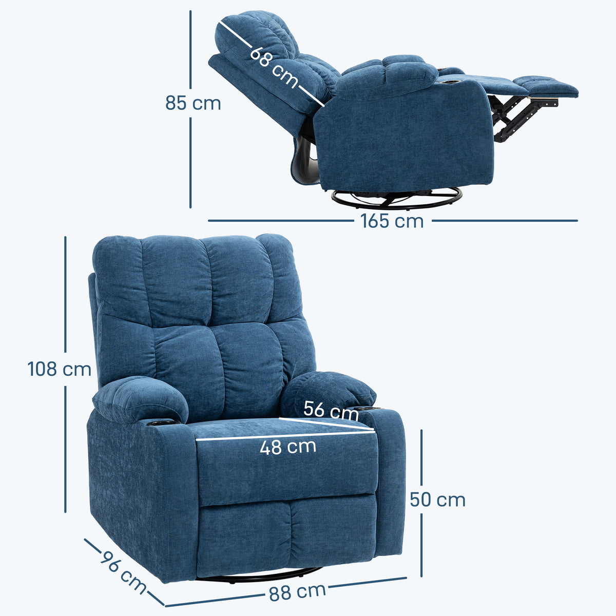 HOMCOM Relaxsessel mit Fußstütze, Liegesessel, drehbar, bis 150 kg, Stahlrahmen, 88x96x108cm, Dunkelblau