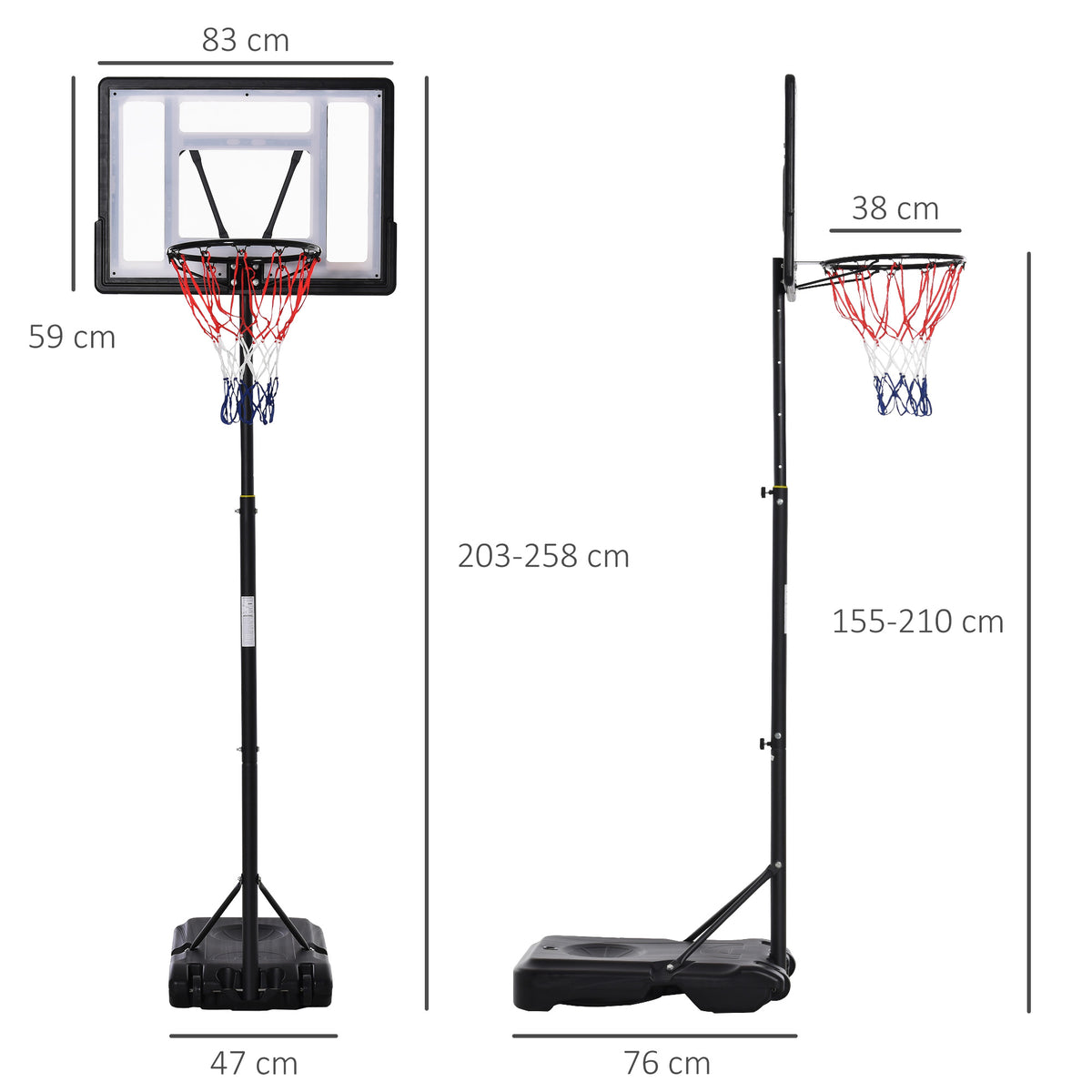 HOMCOM Standbasketballkorb höhenverstellbar von 203cm bis 258 cm mit Rollen robustes Rückenbrett Leistungsbasis Schwarz