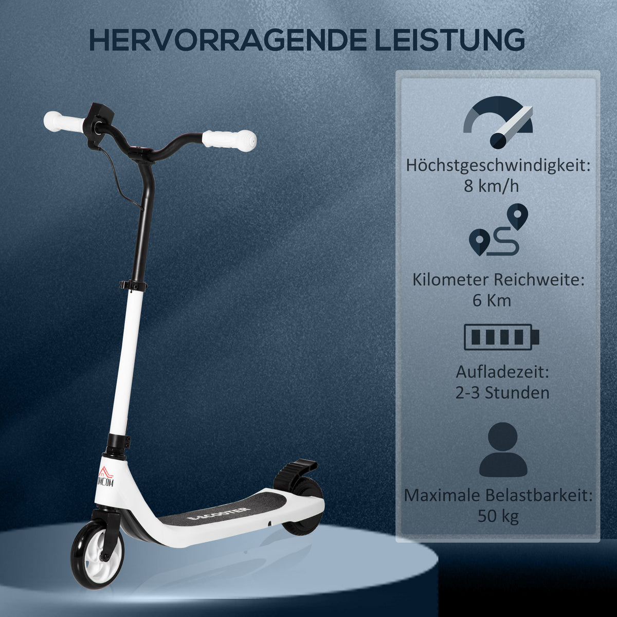 HOMCOM E-Scooter, Elektro-Tretroller, 6 km Reichweite, ab 6 Jahren, Stahlrahmen, schwarz+weiß, 76 x 53 x 95cm