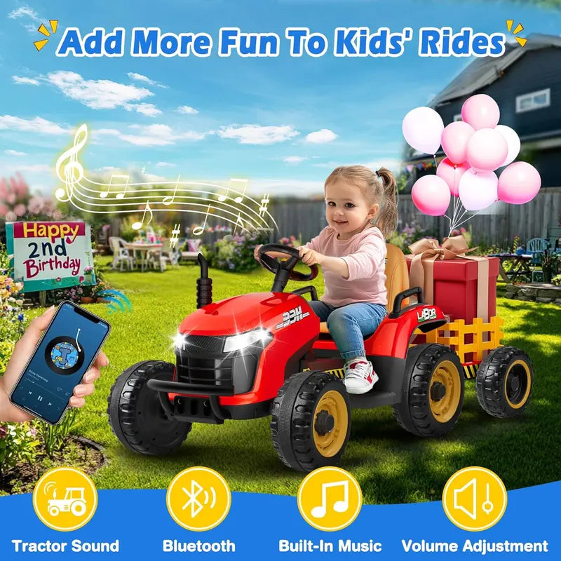 24V Ride-On Tractor for Kids – Tilting Detachable Trailer, Dual 65W Motors, Bluetooth, Remote Control & Music Features