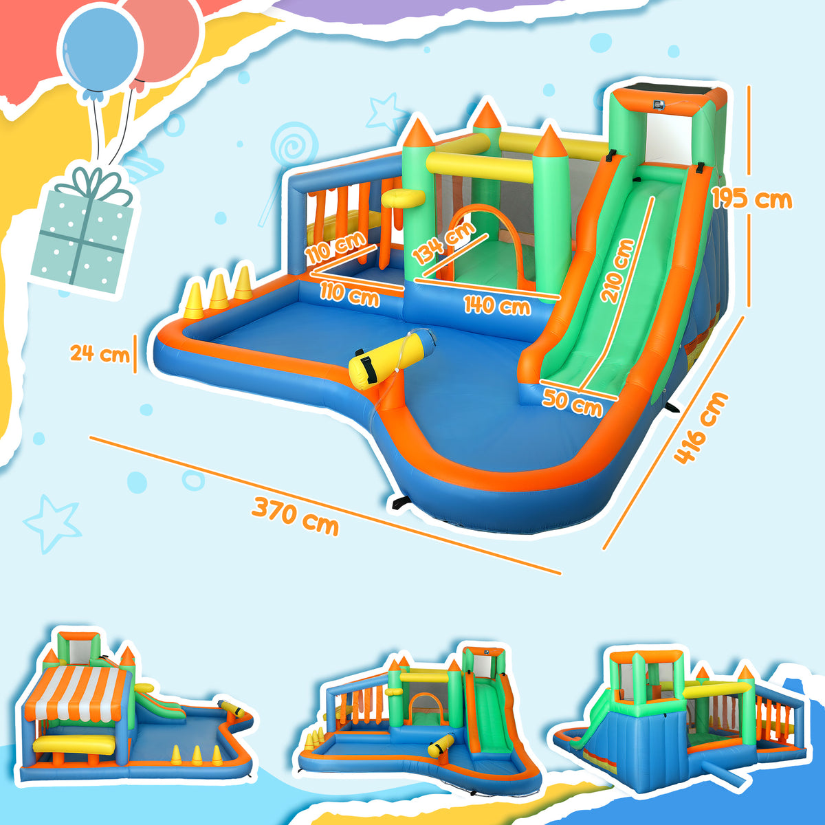 AIYAPLAY Hüpfburg für Kinder, mit Wasserrutsche, Planschbecken, Kletterwand, für drinnen und draußen, 416 x 370 x 195 cm, Bunt