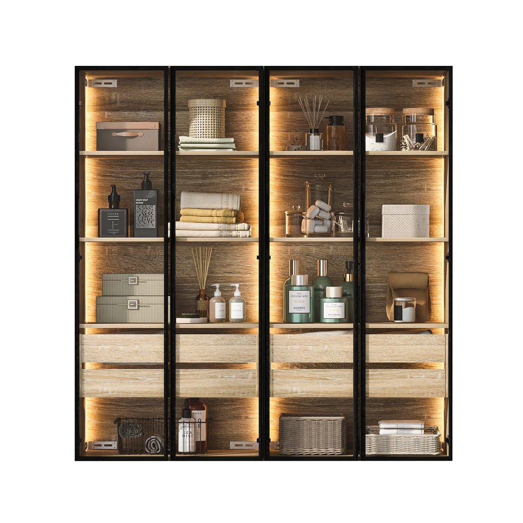 Badezimmerschrank 74x36x155 cm MDF mit LED-Beleuchtung, 2 Schubladen, 2 Türen, Milchglas, Schwarz