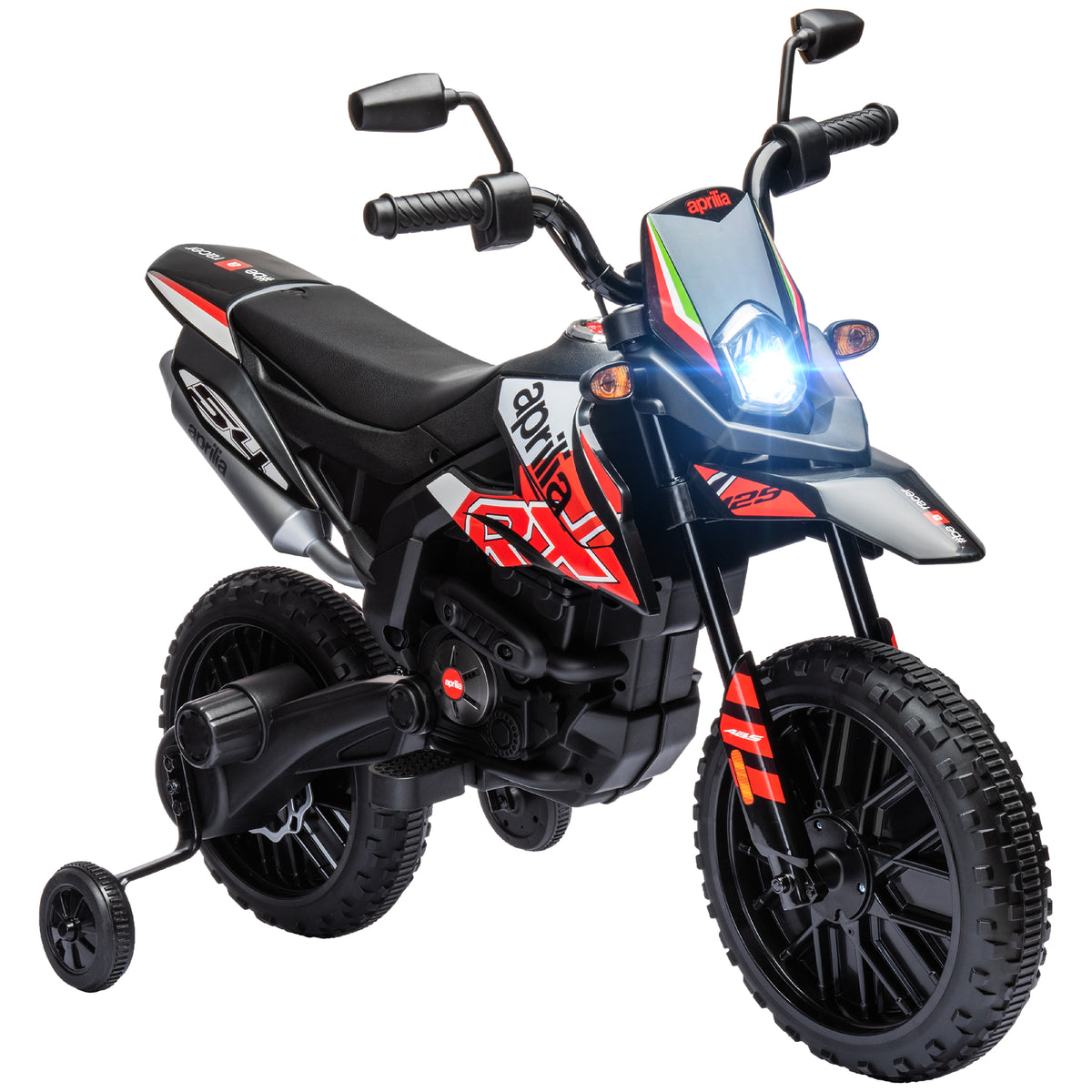 AIYAPLAY Kinder Elektro Motorrad unter Lizenz von Aprilia mit 2 12V Motoren, abnehmbare Trainingsräder, LED Licht, Musik - Rot