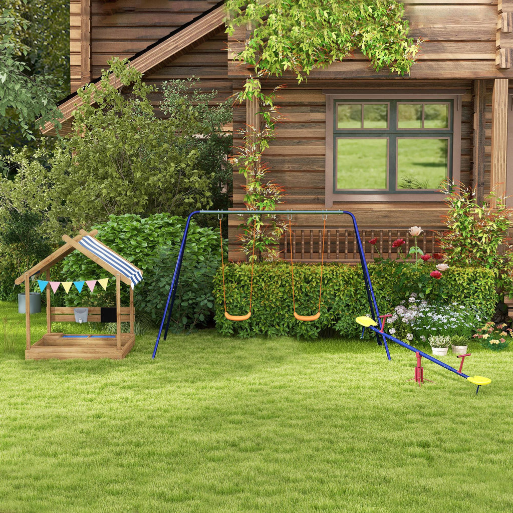 Outsunny Sandkasten mit Sonnenschutz, Spielhaus-Design, mit Spielzeug-Set, behandeltes Massivholz, 124 x 116 x 146 cm, Braun