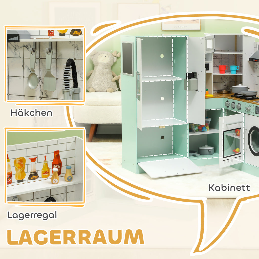 AIYAPLAY Kinderküche zum Spielen, Küchenset mit Tafel, Dunstabzugshaube, realistische Licht- und Soundeffekte, Küchenutensilien