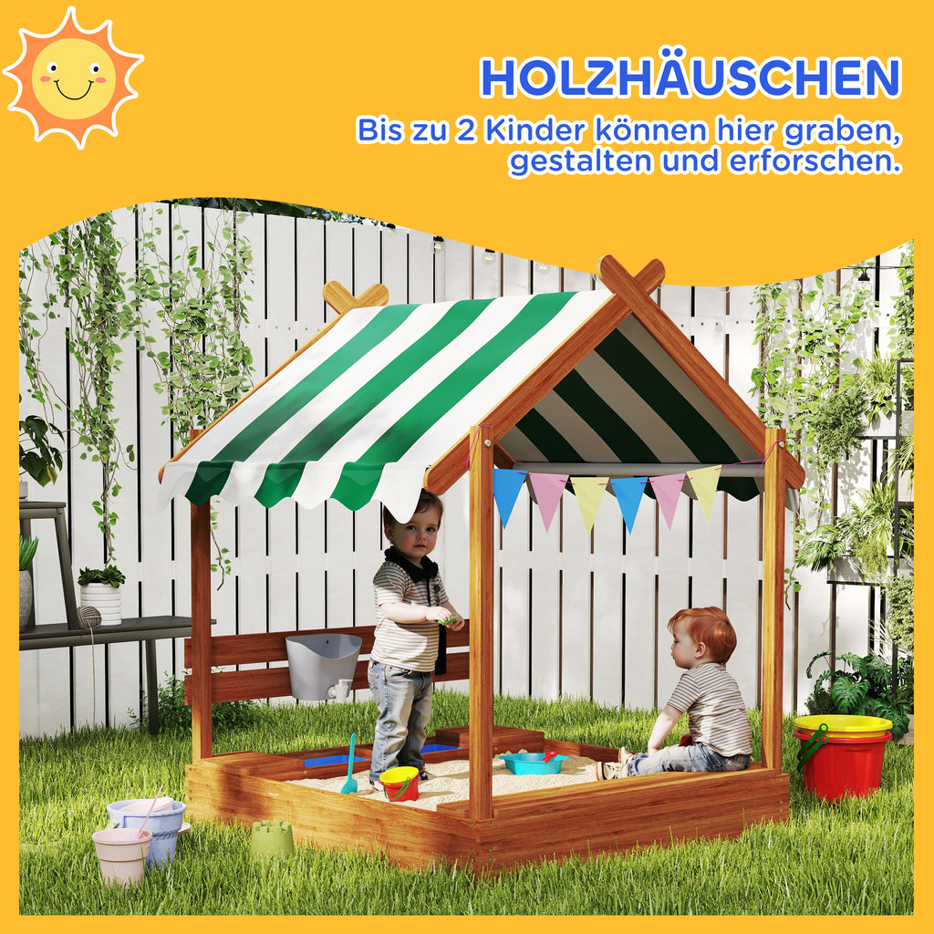 Outsunny Sandkasten mit Sonnenschutz, Spielhaus-Design, mit Spielzeug-Set, behandeltes Massivholz, 124 x 116 x 146 cm, Grün