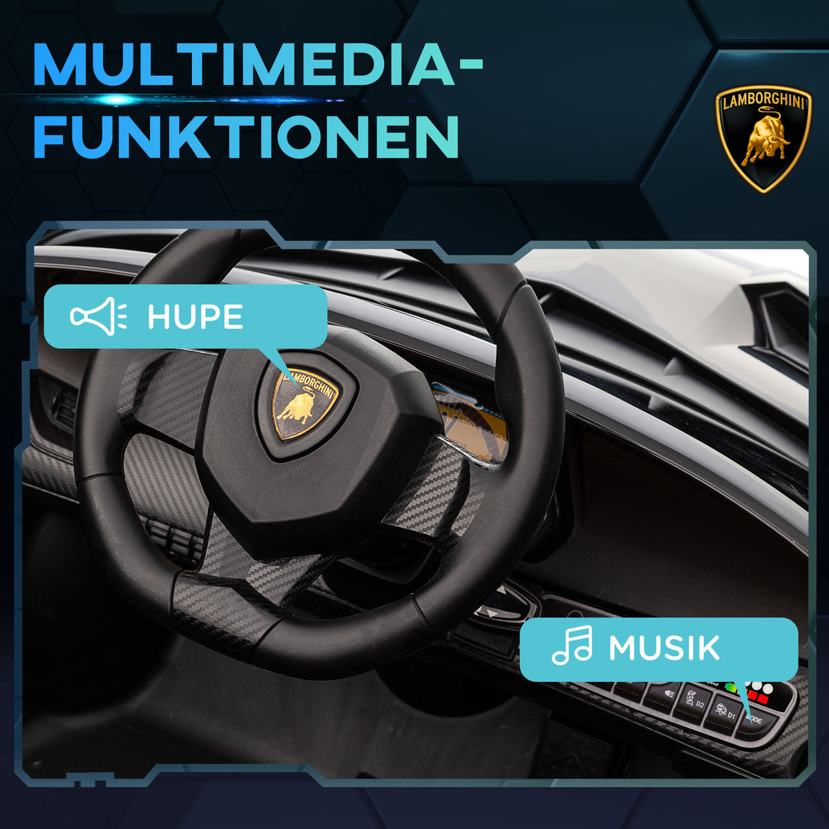 HOMCOM Elektro Kinderauto, lizenzierter Lamborghini Veneno, 3-7 km/h, Flügeltüren, Musikplayer, Fernsteuerung, Schwarz