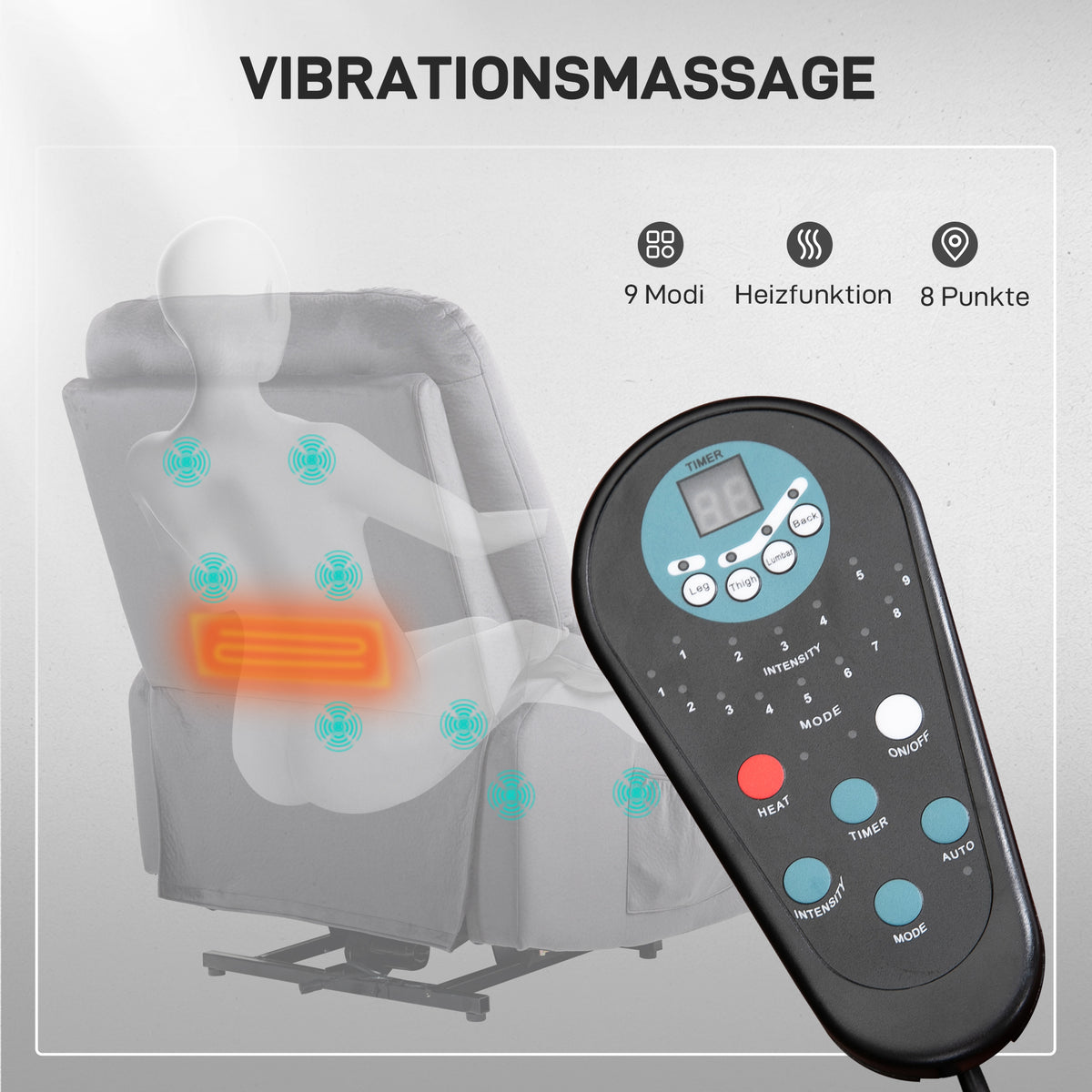 HOMCOM Fernsehsessel mit Aufstehhilfe, Wärme- und Massagefunktion, Fernbedienung und Seitentasche, Dunkelgrau