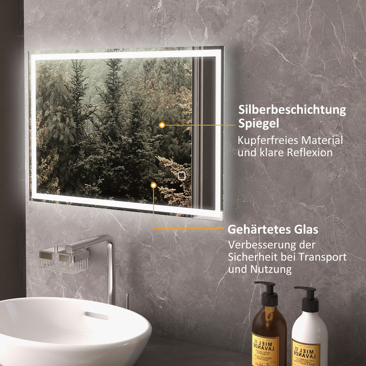 HOMCOM Badspiegel Badezimmerspiegel Wandspiegel LED´s. Berührungsschalter, Weiß