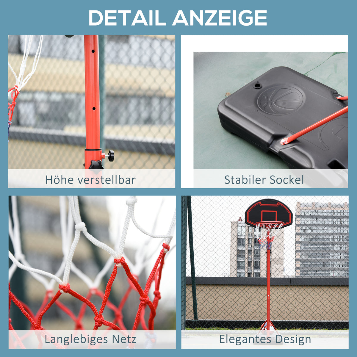 HOMCOM Höhenverstellbarer Basketballkorb, stabiler Standfuß, wetterfest, tragbar mit Rädern, Rot/Schwarz