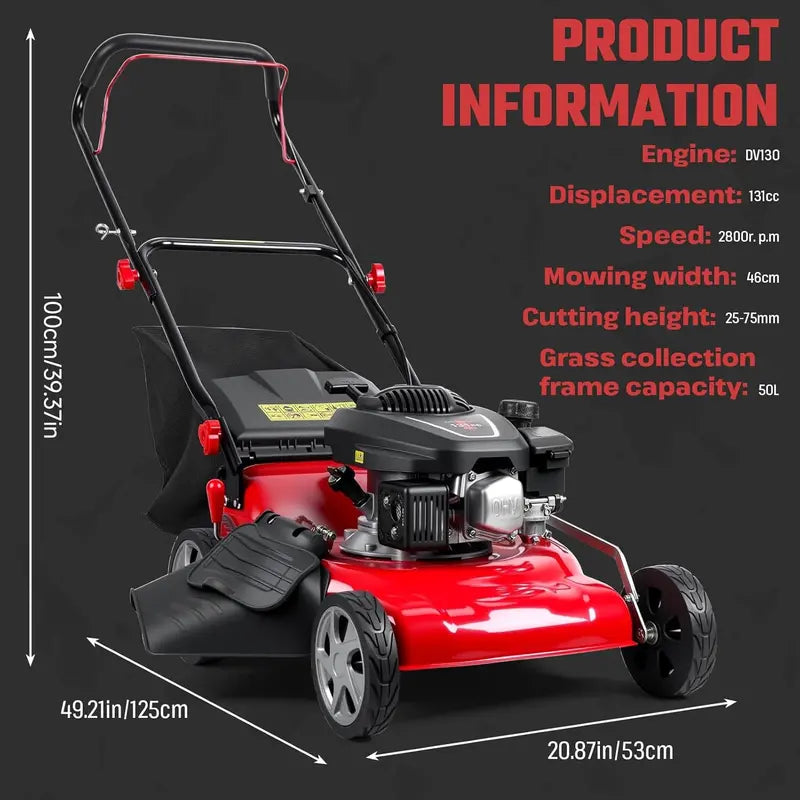 18-Inch 3-in-1 Self-Propelled Gas Lawn Mower – 131cc Engine, 50L Grass Catcher, Heavy-Duty Yard Maintenance