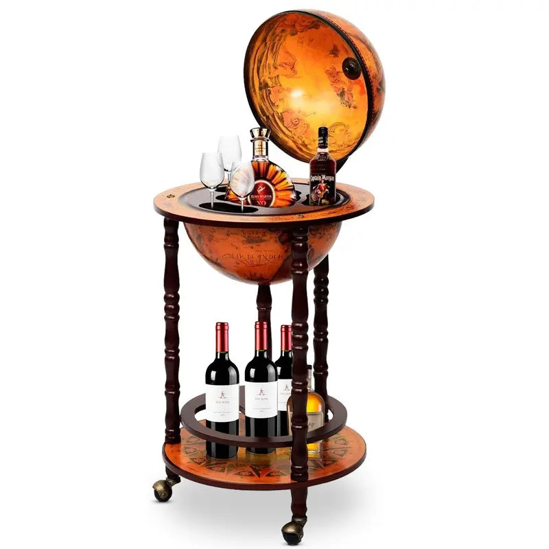 17-Inch Vintage-Style Wooden Wine Bar Stand – Italian-Inspired Liquor Rack with Casters and 16th-Century Aesthetic