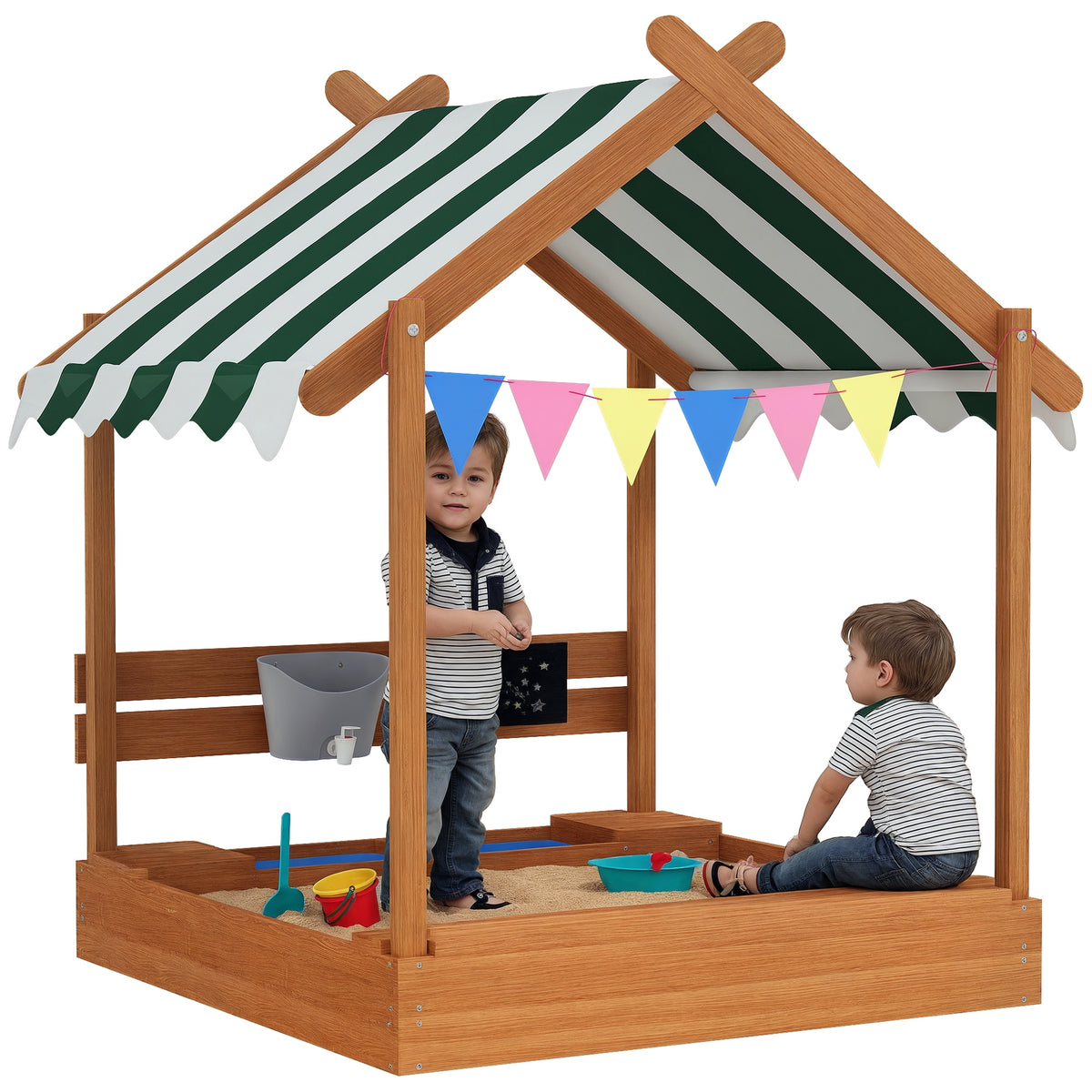 Outsunny Sandkasten mit Sonnenschutz, Spielhaus-Design, mit Spielzeug-Set, behandeltes Massivholz, 124 x 116 x 146 cm, Grün
