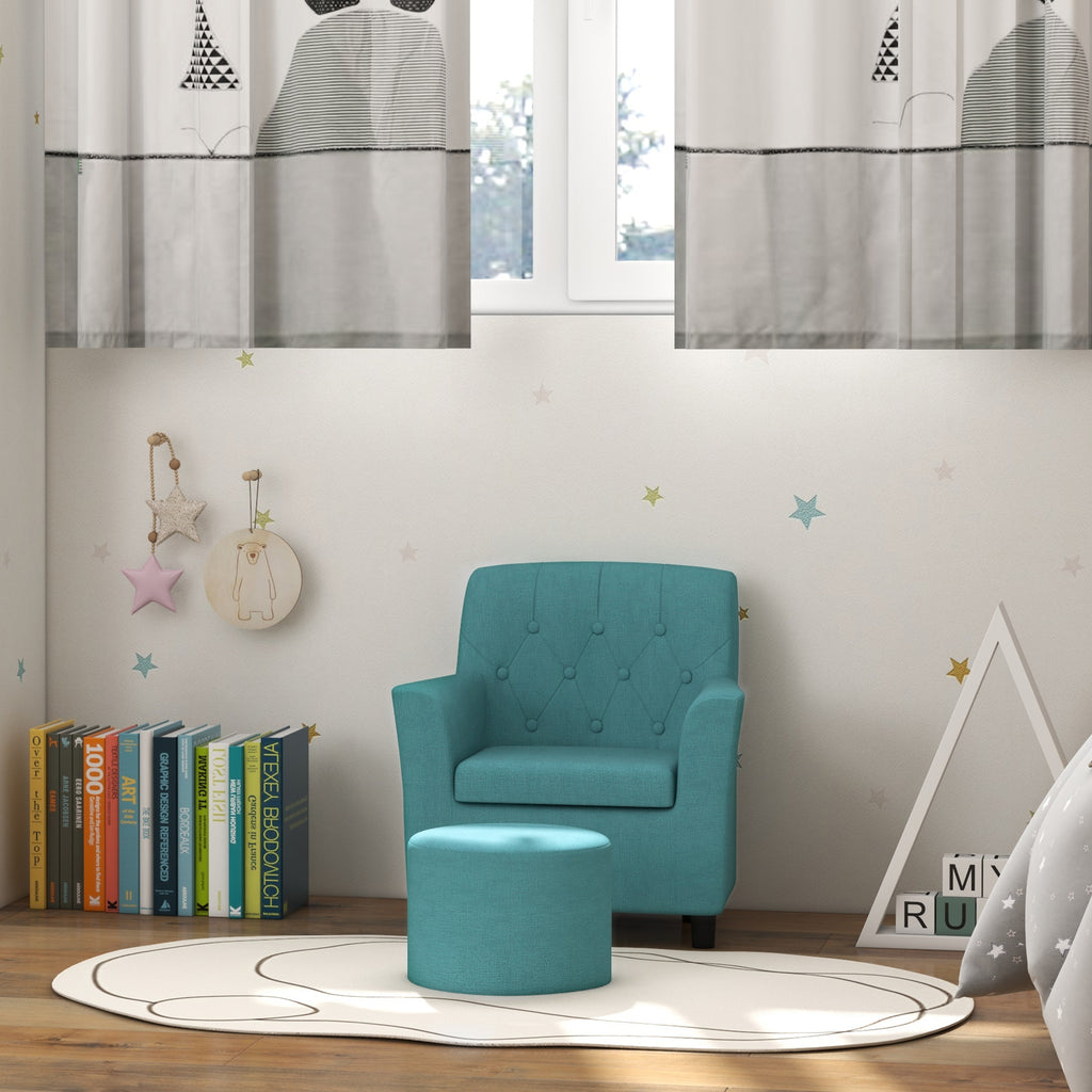 AIYAPLAY Kindersessel mit Hocker, Rückenlehne Diamantmuster, weiche Sitzfläche, Holzrahmen, Blau