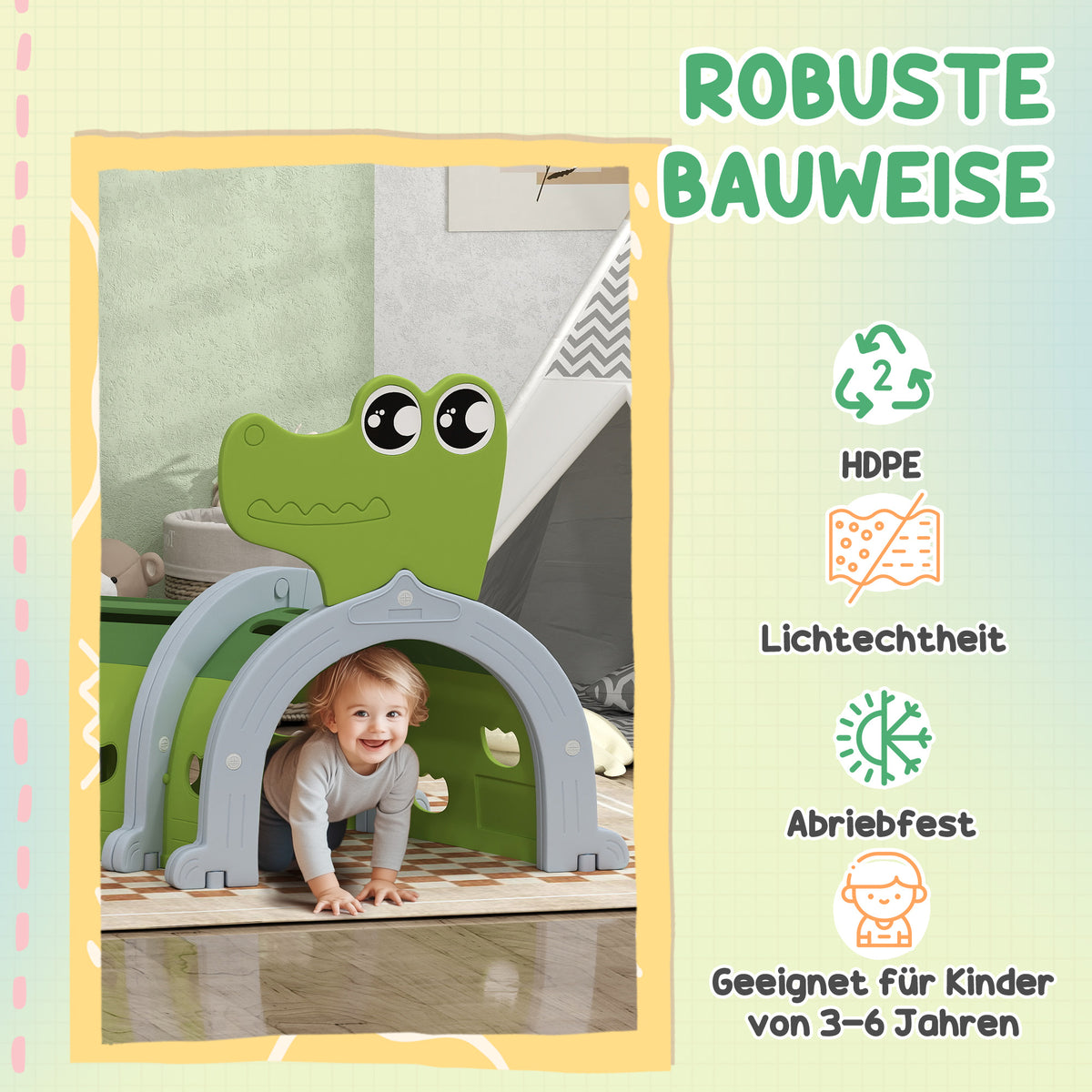 AIYAPLAY Krokodil Spieltunnel, flexible Form, robust, für Kinder 3-6 Jahre, 194 x 88 x 92 cm, Grün