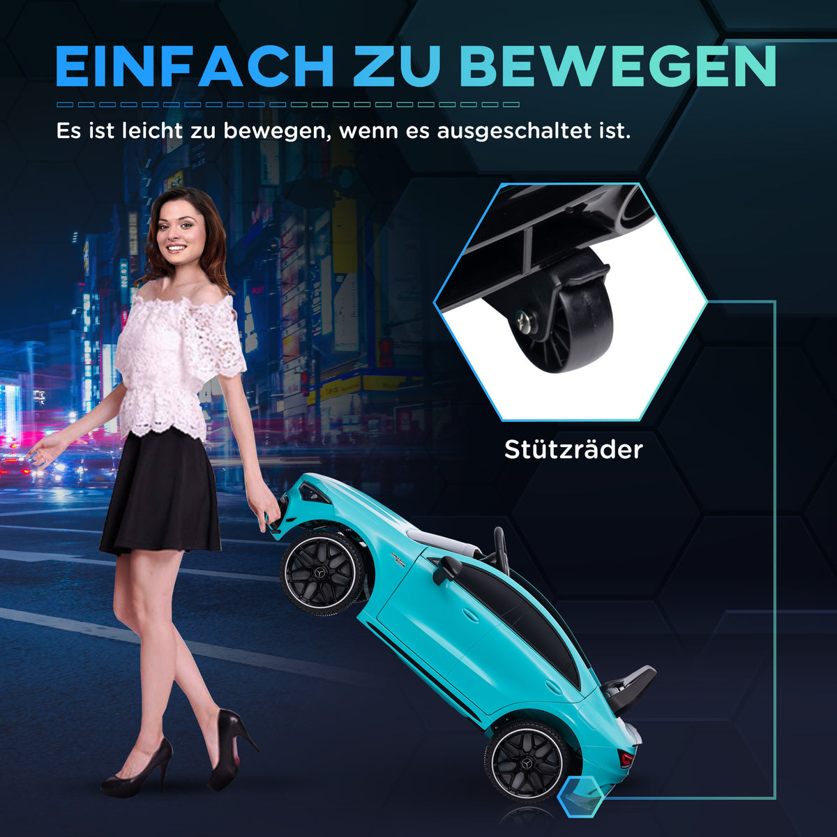 AIYAPLAY Kinder-Elektroauto, fernsteuerbar, mit Transportrollen, LED-Lichter, Hupe, für Kinder von 3-6 Jahren, Hellblau
