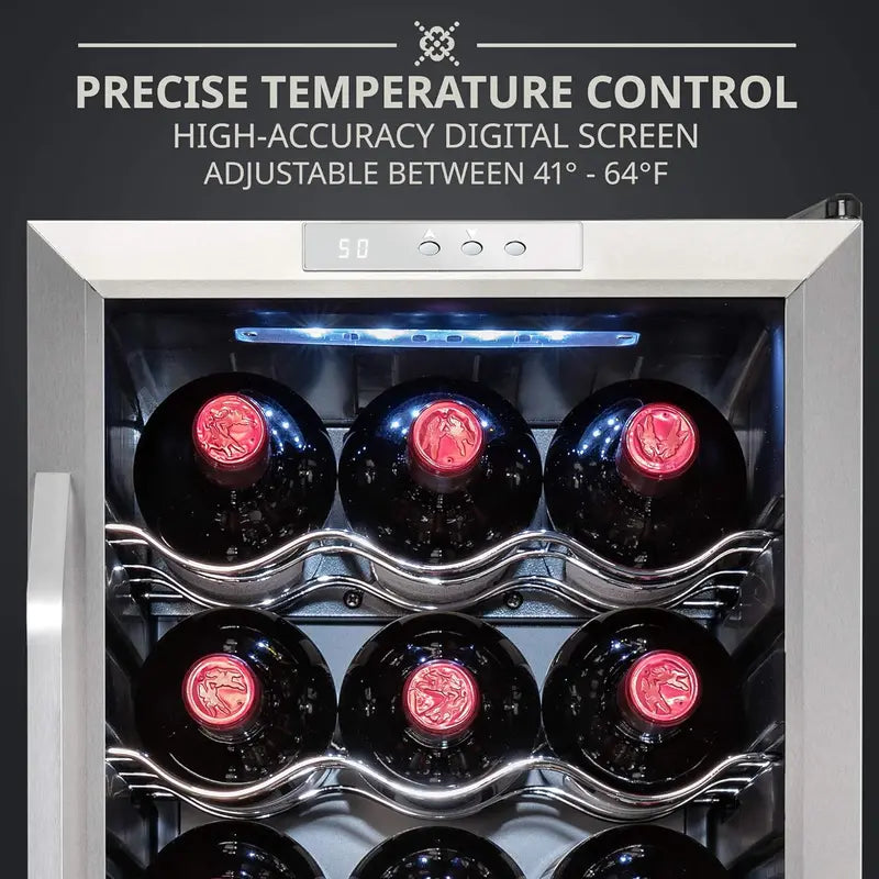 18-Bottle Freestanding Wine Cooler with Lockable Glass Door — Adjustable Digital Thermostat (41°F–64°F) for Red, White, and Sparkling Wines