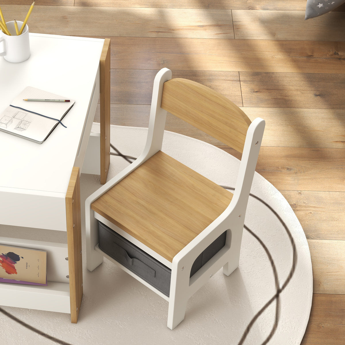 HOMCOM 3-teiliges Set Tisch und 2 Stühle für Kinder mit umdrehbarer Tischplatte, Tafel, Stauraumkorb