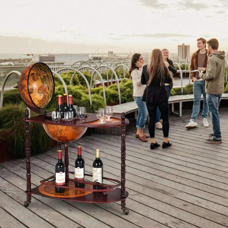 16th-Century Italian-Style Wine Bar Stand – 34-Inch Wood Globe Rack with Expanded Bottle Shelf