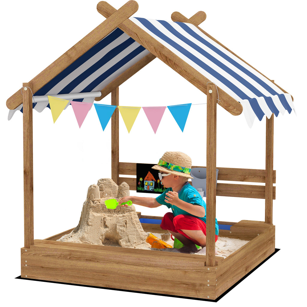 Outsunny Sandkasten mit Sonnenschutz, Spielhaus-Design, mit Spielzeug-Set, behandeltes Massivholz, 124 x 116 x 146 cm, Braun