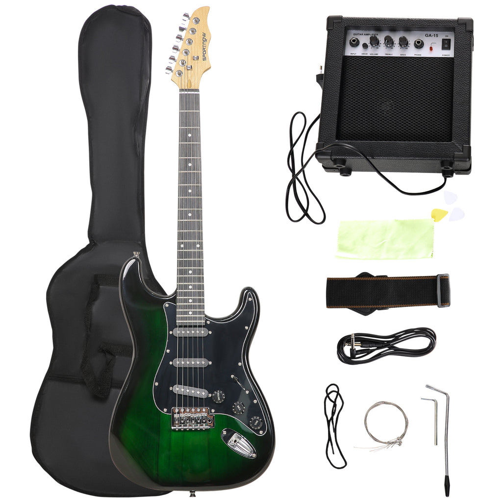 SPORTNOW Elektrische Gitarre mit 15W Verstärker, Tasche, Gurt und digitalem Stimmgerät, Schwarz
