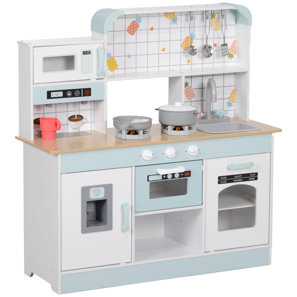 AIYAPLAY Spielküchen-Set, Kinderküche mit Effekten, Kaffeemaschine, Ofen, viel Stauraum, MDF, Edelstahl, für Kinder ab 3 Jahren