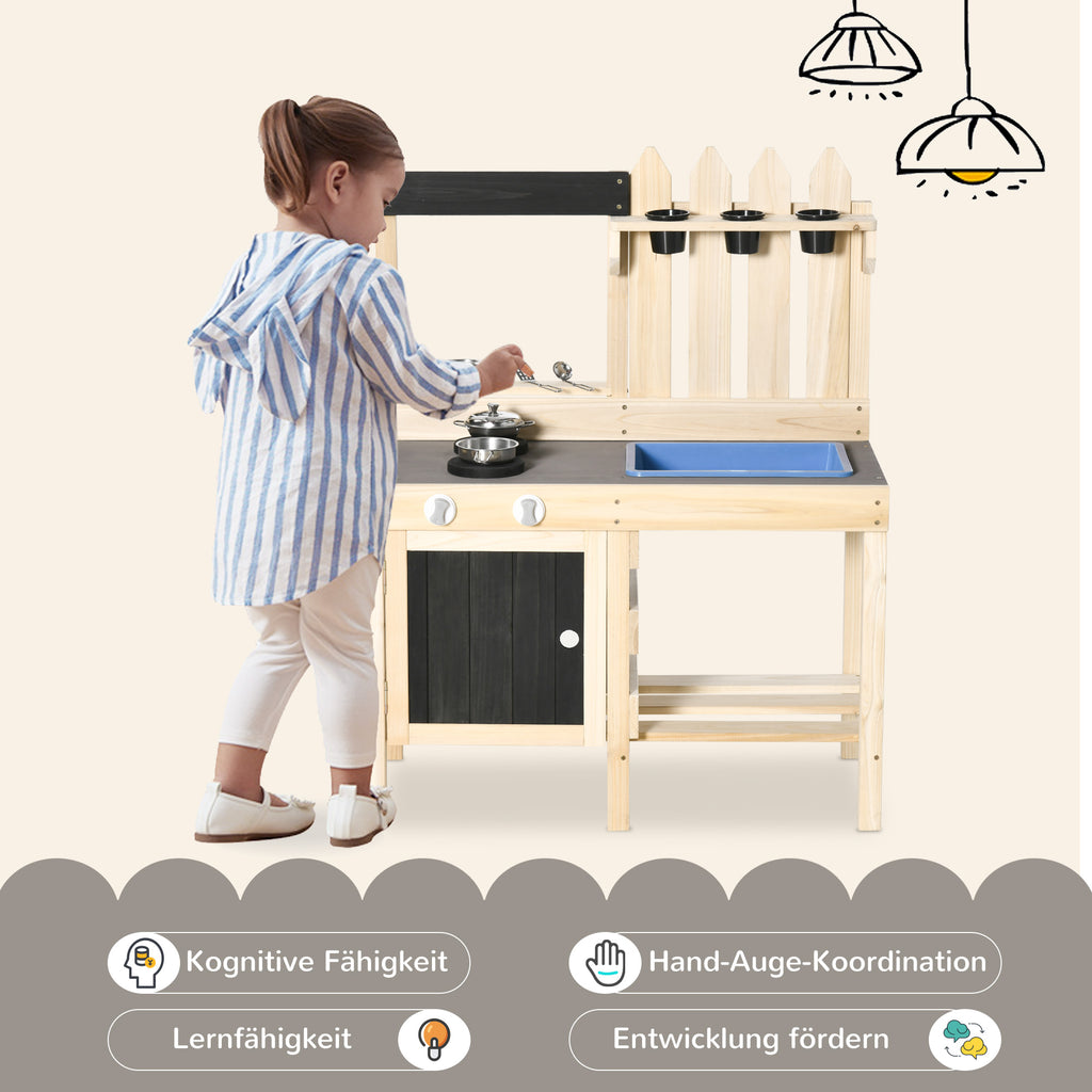 Outsunny Matschküche Outdoor Sandspieleset aus Holz Gartenküche Spieltisch Sand mit Pflanztöpfe Edelstahl Zubehör Spielzeugset Spielzeugküche für 3-7 Jahre 81,5 x 46 x 102,5 cm