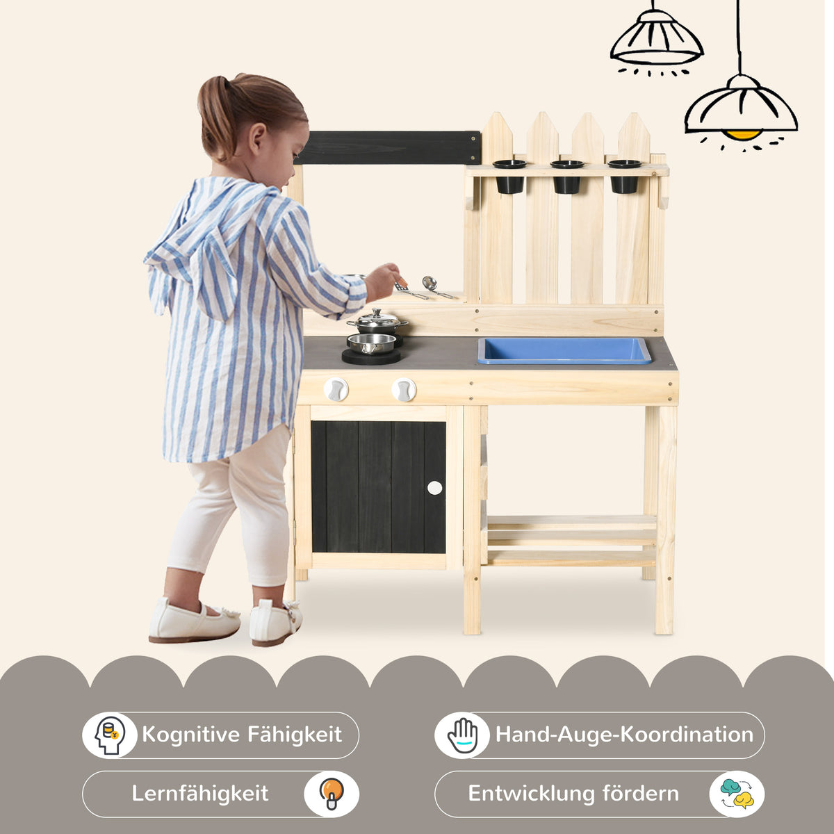 Outsunny Matschküche Outdoor Sandspieleset aus Holz Gartenküche Spieltisch Sand mit Pflanztöpfe Edelstahl Zubehör Spielzeugset Spielzeugküche für 3-7 Jahre 81,5 x 46 x 102,5 cm