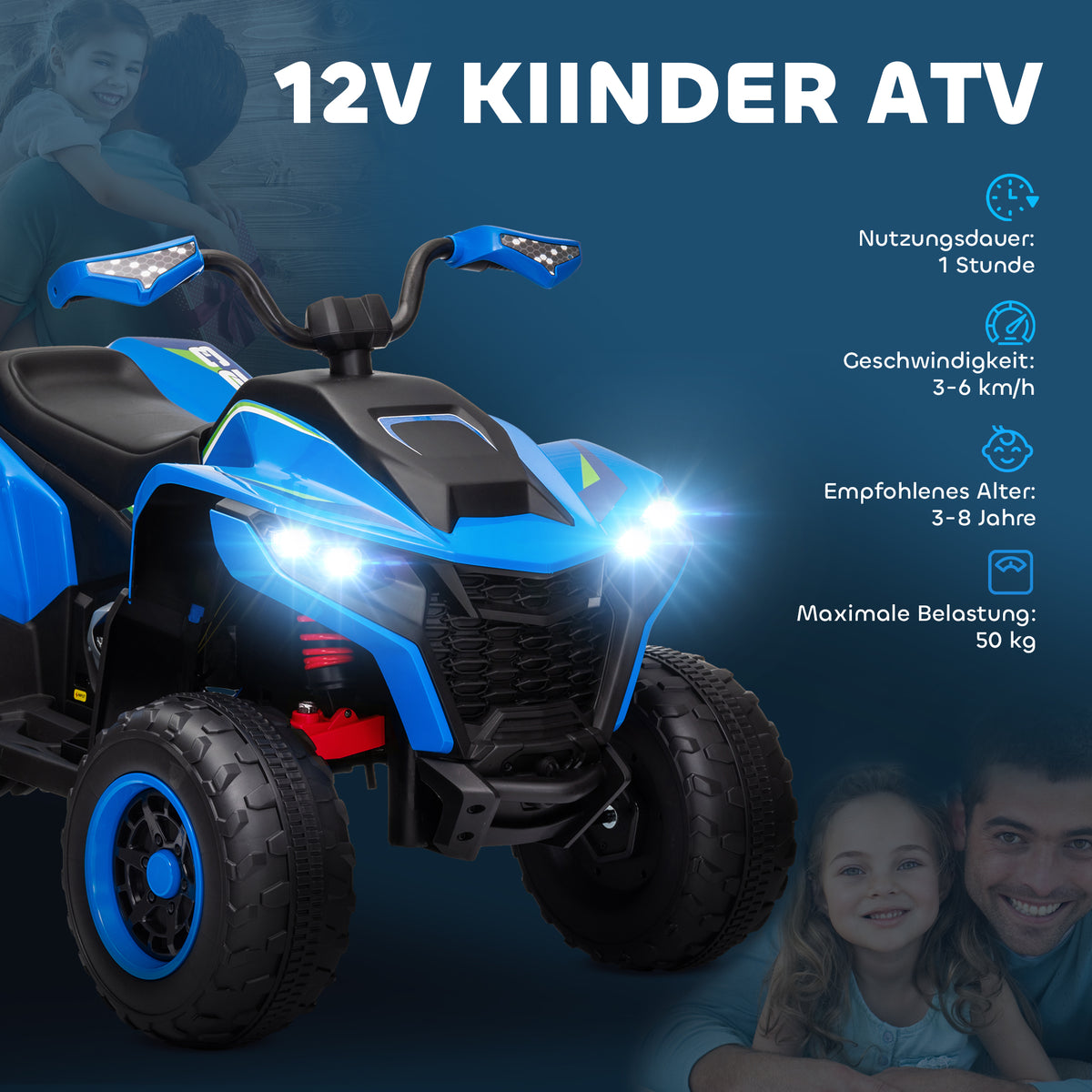 AIYAPLAY Elektroquad für Kinder, 3-6 km/h, LED-Scheinwerfer, Musik, USB, für 3-8 Jahre, Blau