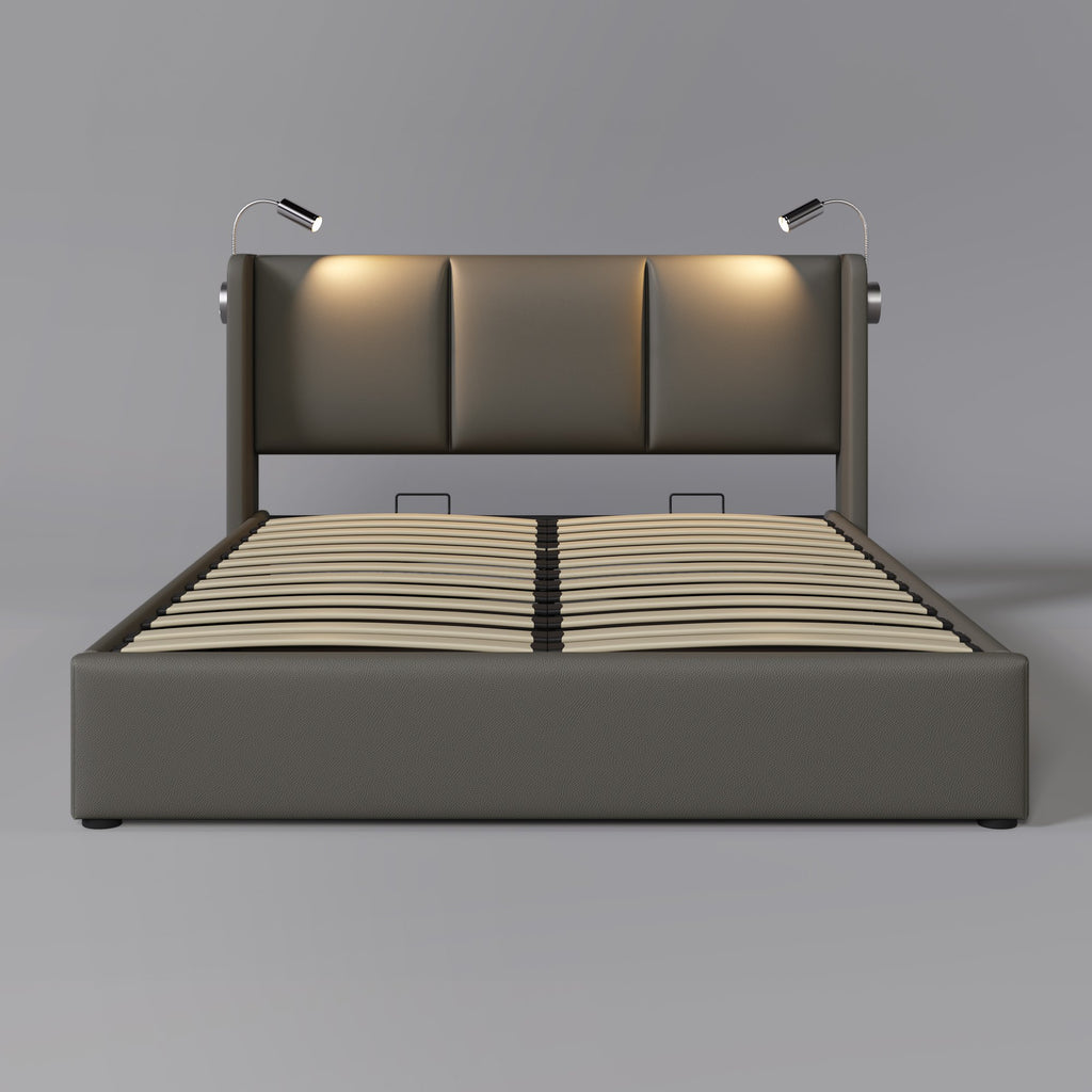 Bettgestell 140x200 – Doppelbett mit Stauraum, LED-Lampe und USB-Anschluss fürs Wohnzimmer, robust, gepolstertes Kopfteil, grau