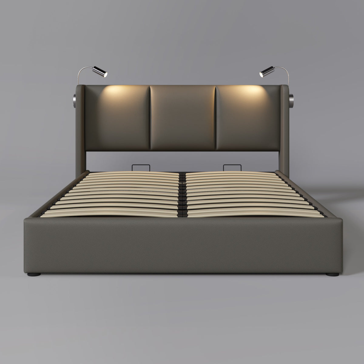 Bettgestell 140x200 – Doppelbett mit Stauraum, LED-Lampe und USB-Anschluss fürs Wohnzimmer, robust, gepolstertes Kopfteil, grau