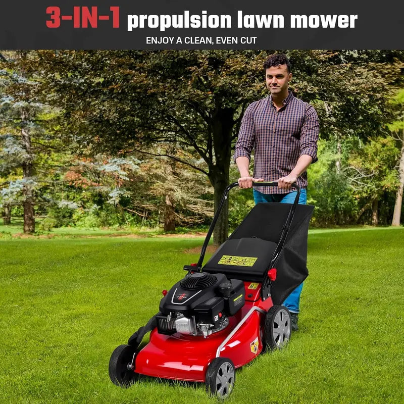 18-Inch 3-in-1 Self-Propelled Gas Lawn Mower – 131cc Engine, 50L Grass Catcher, Heavy-Duty Yard Maintenance