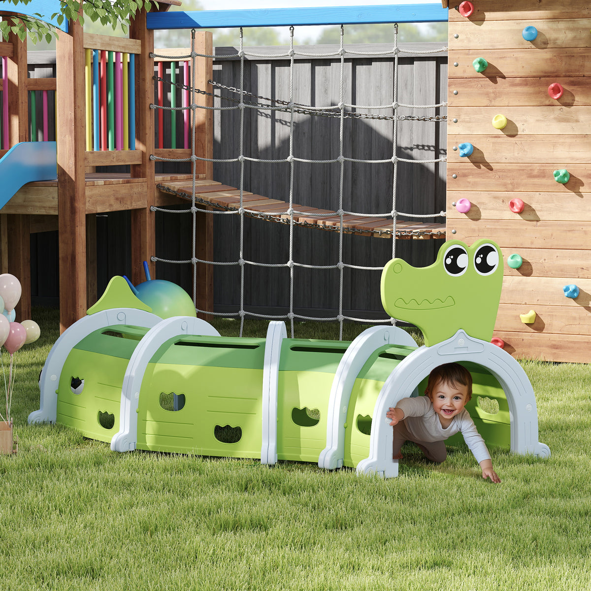 AIYAPLAY Krokodil Spieltunnel, flexible Form, robust, für Kinder 3-6 Jahre, 194 x 88 x 92 cm, Grün