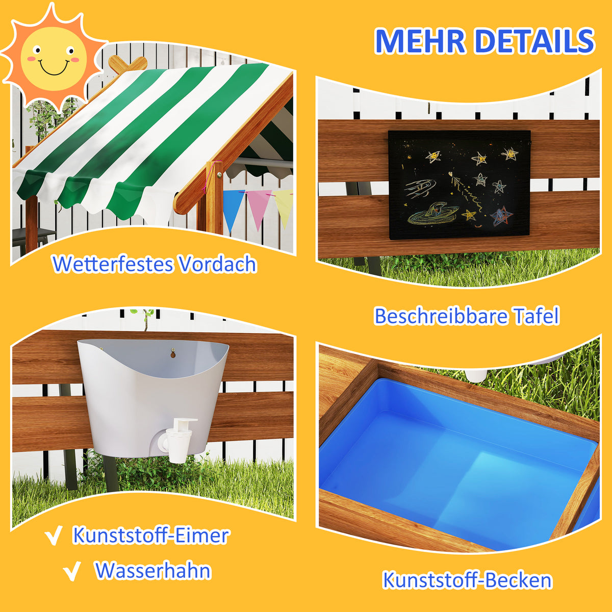 Outsunny Sandkasten mit Sonnenschutz, Spielhaus-Design, mit Spielzeug-Set, behandeltes Massivholz, 124 x 116 x 146 cm, Grün