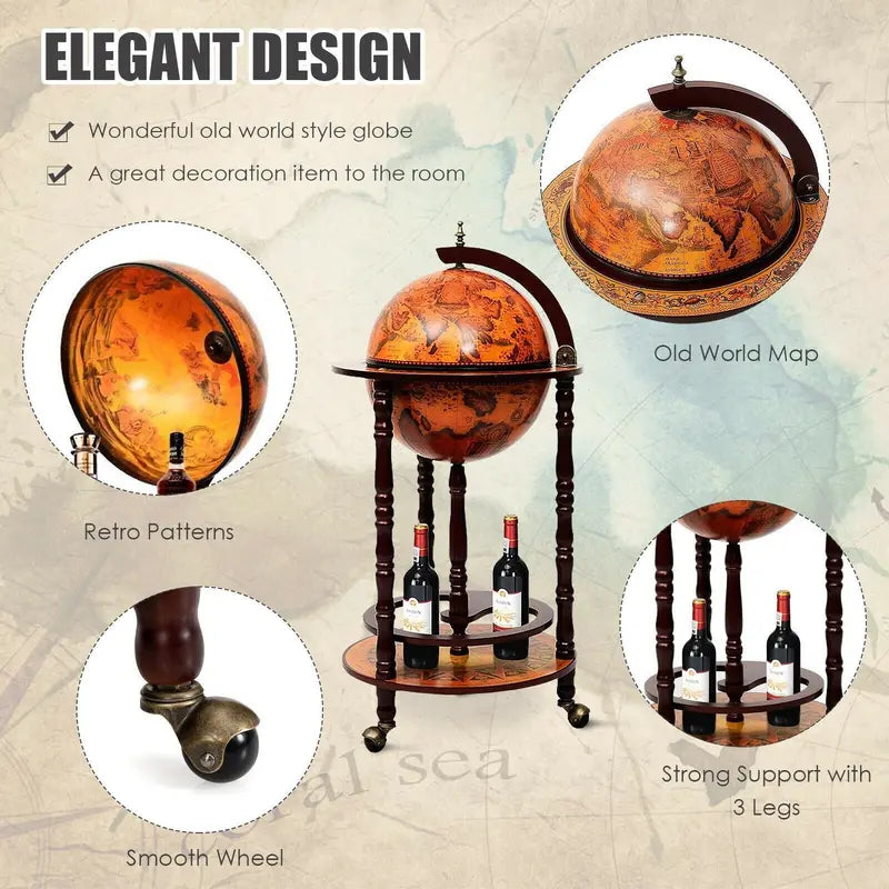 17-Inch Vintage-Style Wooden Wine Bar Stand – Italian-Inspired Liquor Rack with Casters and 16th-Century Aesthetic