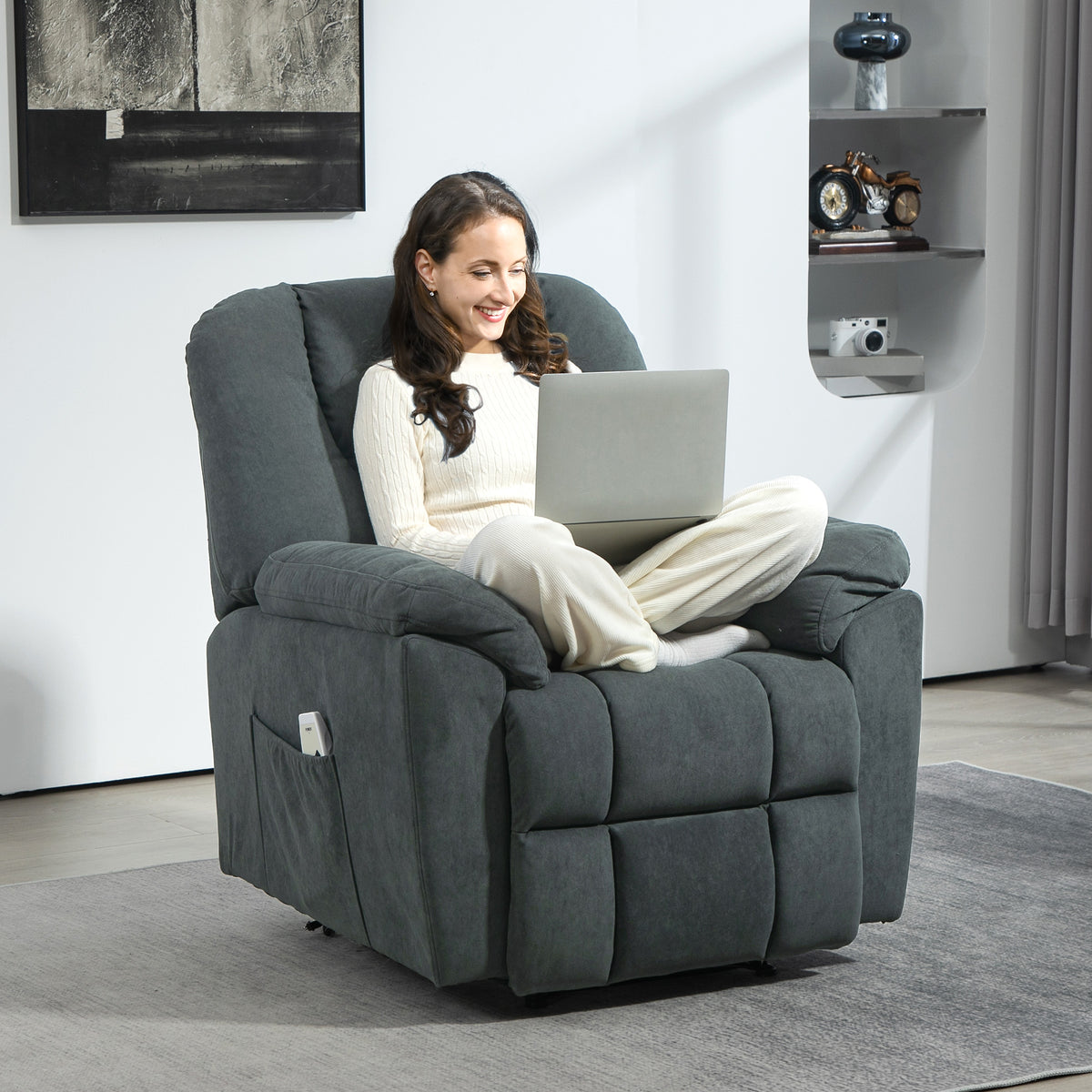 HOMCOM Elektrischer Relaxsessel mit Massage- und Wärme-Funktionen, Polstersessel mit USB-Anschluss, Seitentaschen, Grau
