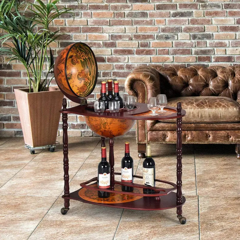 16th-Century Italian-Style Wine Bar Stand – 34-Inch Wood Globe Rack with Expanded Bottle Shelf