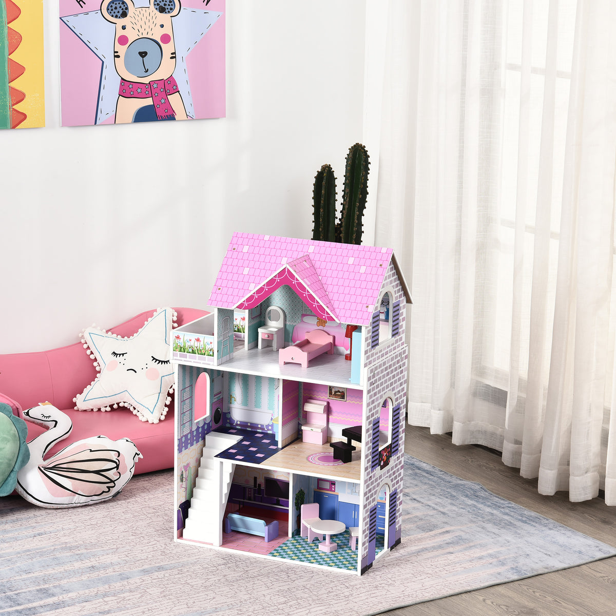 HOMCOM Puppenvilla Mädchen Spielzeug Kinder Puppenhaus aus Holz Puppenstube Dollhouse 3 Etagen mit Möbel und Zubehör 86 x 30 x 87 cm