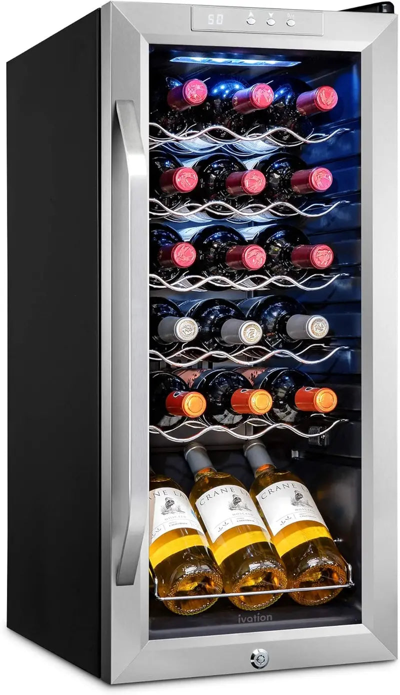 18-Bottle Freestanding Wine Cooler with Lockable Glass Door — Adjustable Digital Thermostat (41°F–64°F) for Red, White, and Sparkling Wines
