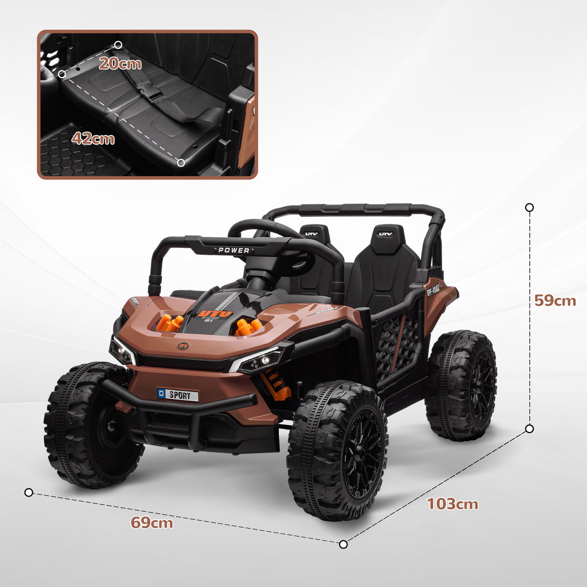 AIYAPLAY Elektroauto für Kinder UTV Buggy für Kinder mit 2,4-GHz-Fernbedienung 2 Motoren 103L x 69B x 59H cm Braun
