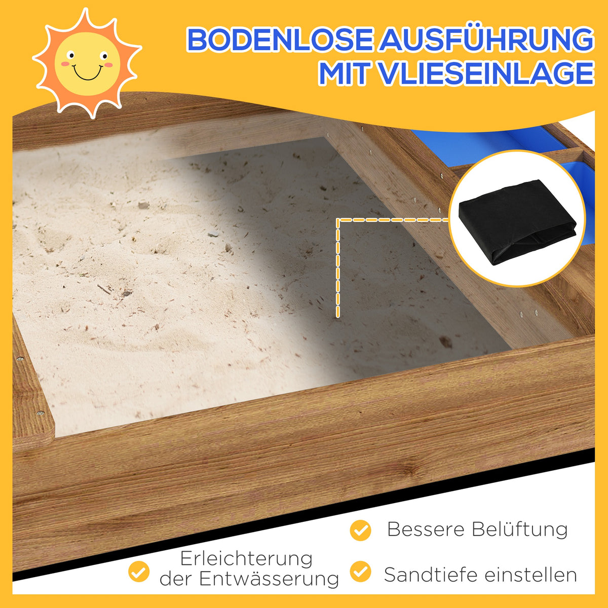Outsunny Sandkasten mit Sonnenschutz, Spielhaus-Design, mit Spielzeug-Set, behandeltes Massivholz, 124 x 116 x 146 cm, Braun