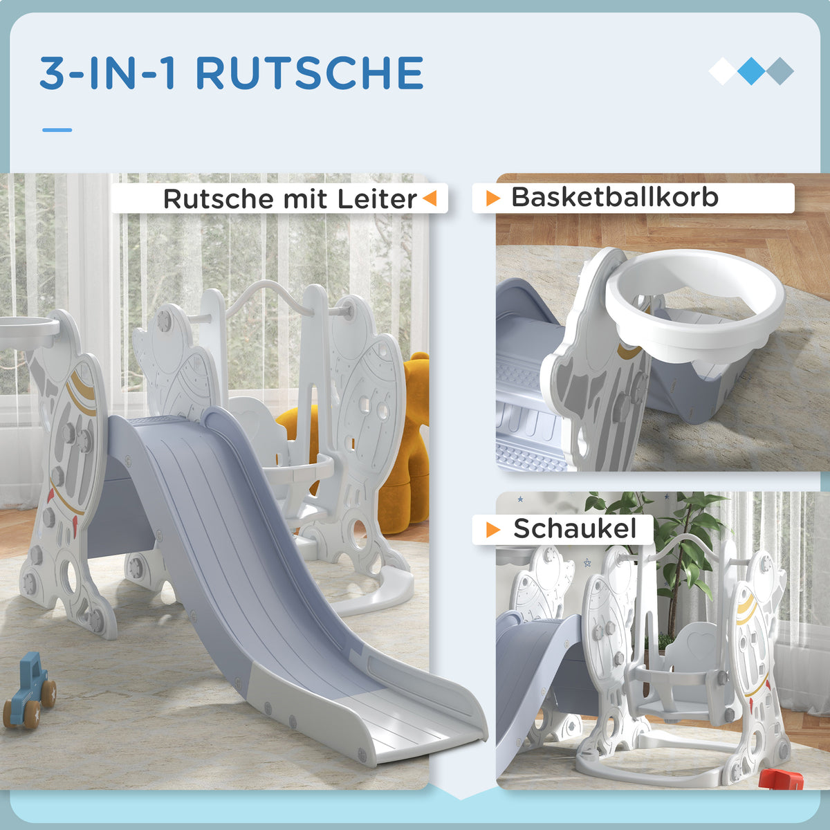AIYAPLAY 3-in-1-Set Kinderrutsche mit Schaukel, Basketballkorb, Raketen-Design, weiß+grau, 150L x 185B x 92H cm