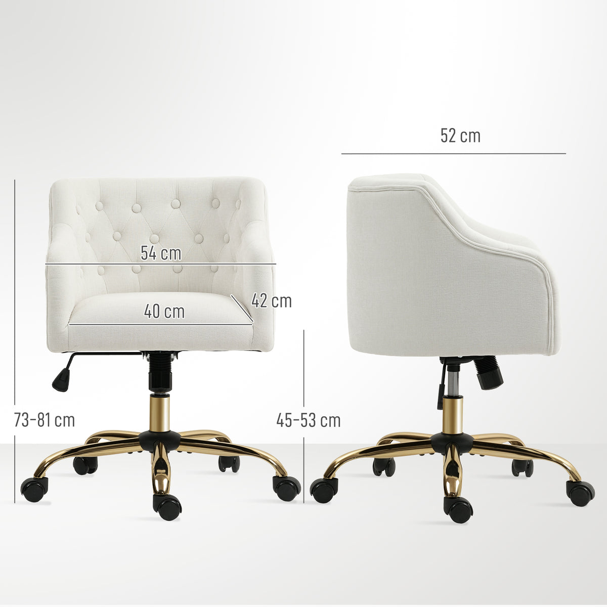 HOMCOM Gepolsterter Bürostuhl, Schreibtischstuhl in Leinenoptik, goldfarbene Beine, höhenverstellbar, Beige
