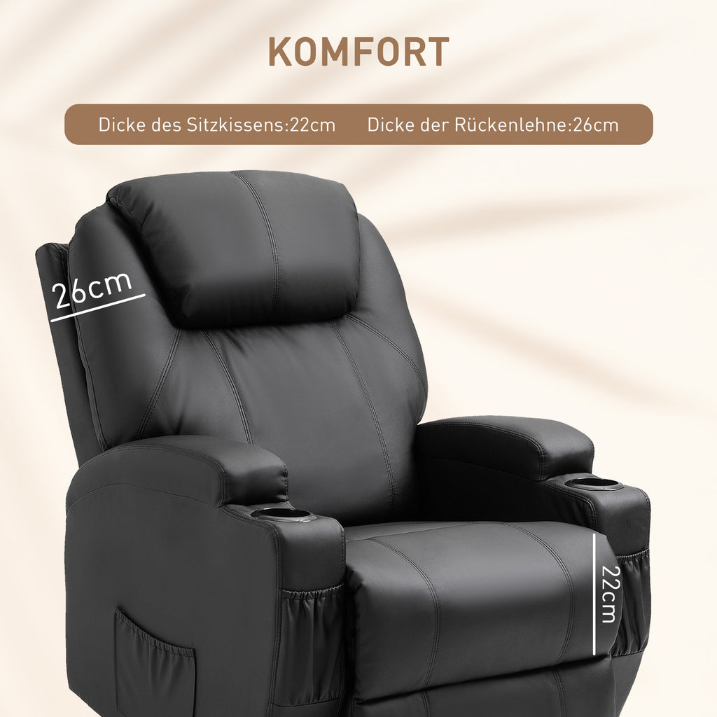 HOMCOM Massagesessel Elektrisch Relaxsessel Fernsehsessel Massagefunktion Liegefunktion TV-Sessel mit 2 Seitentaschen und Getränkehalter Kunstleder Schwarz 82 x 97 x 110 cm