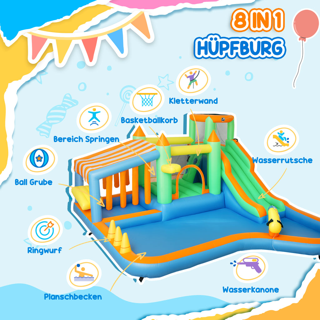 AIYAPLAY Hüpfburg für Kinder, mit Wasserrutsche, Planschbecken, Kletterwand, für drinnen und draußen, 416 x 370 x 195 cm, Bunt